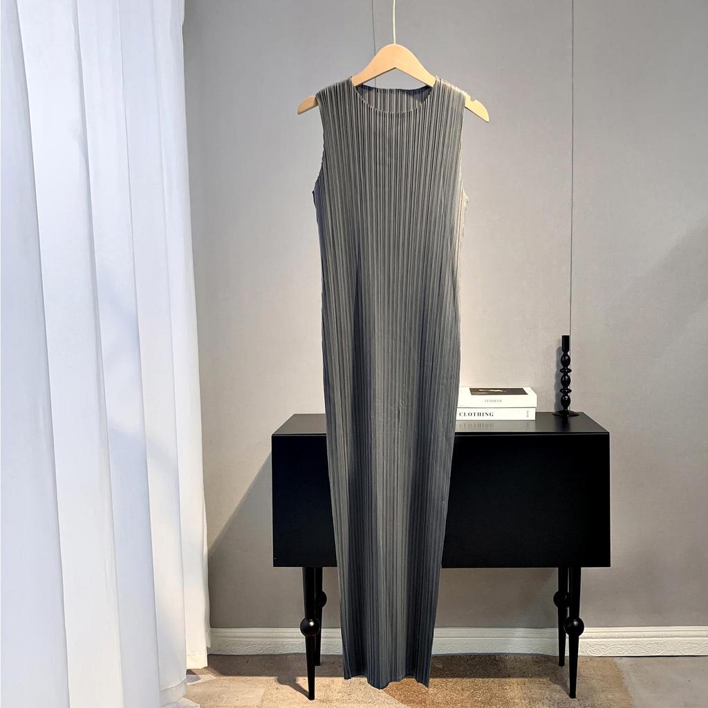 Dámské jednobarevné letní maxi šaty Miyake bez rukávů, plisované, slim-fit
