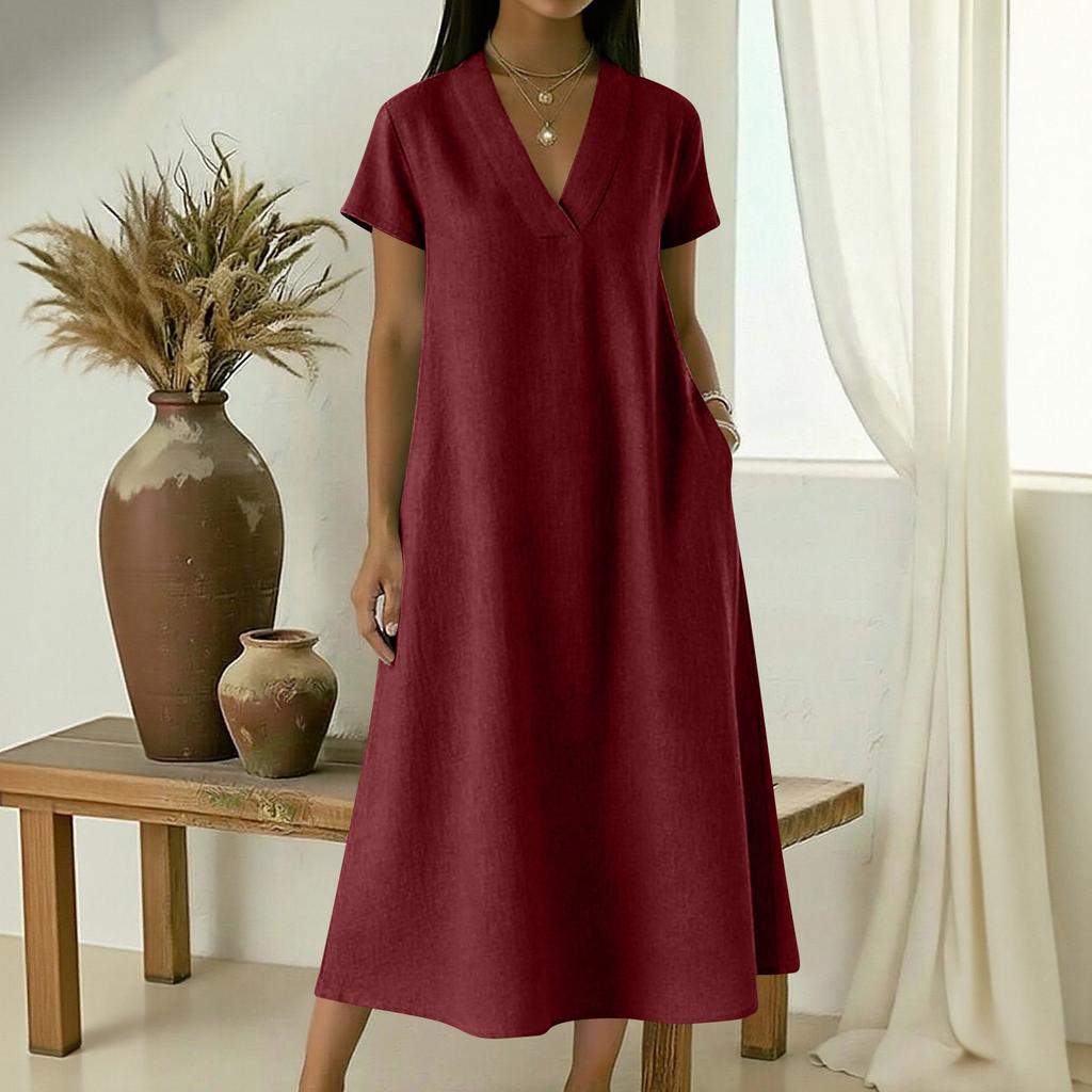 Women's V-neck Short-sleeved Mid-length Loose-fitting Dress With Large Pockets And Casual