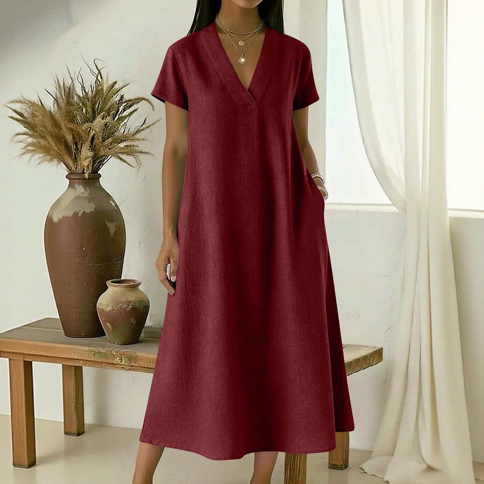 

Women s V-neck Short-sleeved Mid-length Loose-fitting Dress With Large Pockets And Casual XL винний