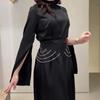 Elegantes langes Satinkleid für Damen, halbhoher Kragen, ausgestellte Ärmel, Partykleid, einfarbig, schmale Abendkleider für Damen
