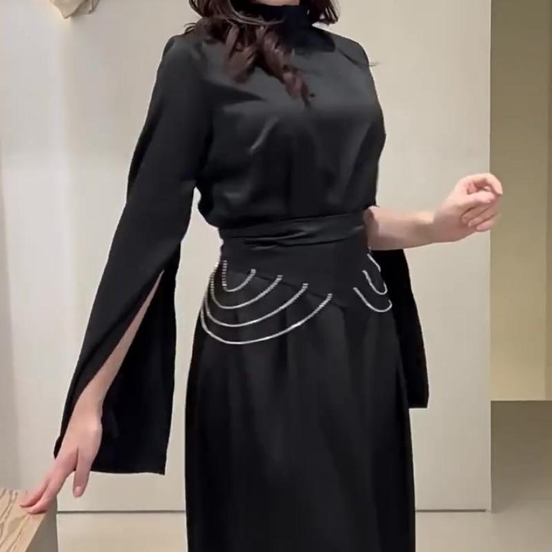 Elegantes langes Satinkleid für Damen, halbhoher Kragen, ausgestellte Ärmel, Partykleid, einfarbig, schmale Abendkleider für Damen
