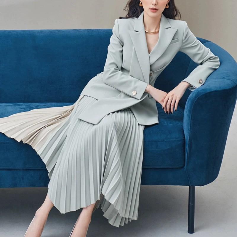 Gray-Blue Double-Breasted Jacket & Irregular Pleated Skirt Set - Autumn Color Block Fashion for Women