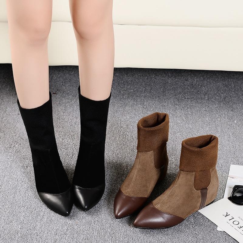 Fashion Autumn and winter women's shoes pointed toe flat bottom heightening wool British style boots short boots trendy cotton shoes