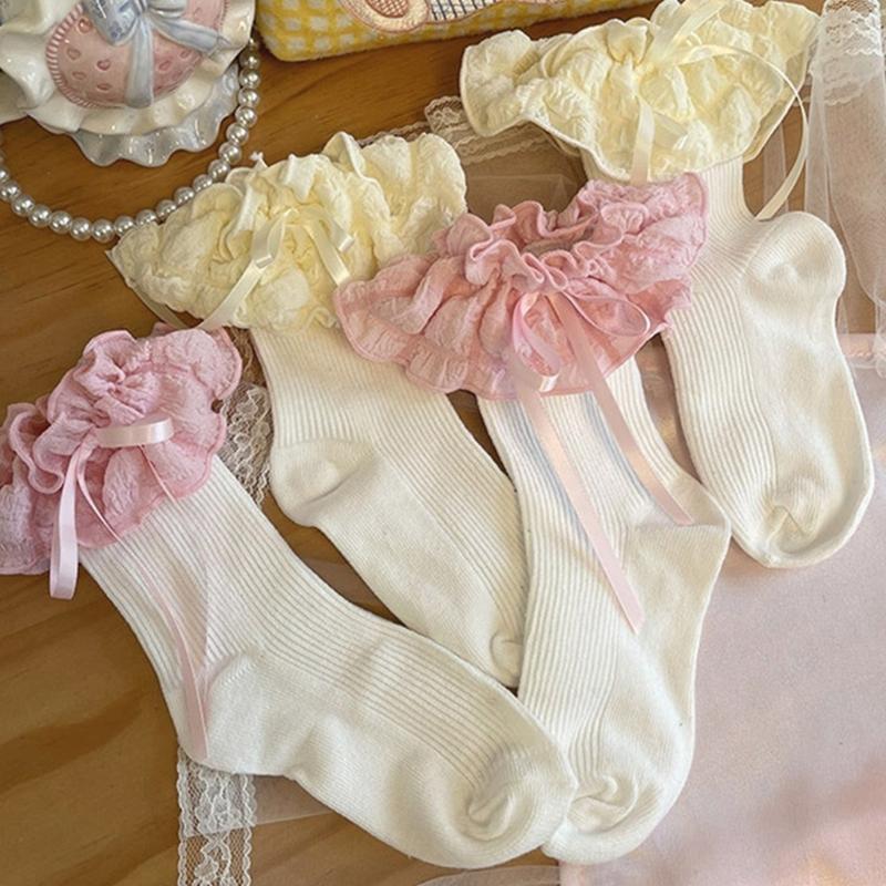 Breathable Cotton Hosiery Socks for Girls Toddler Stretchy Knee High Socks Puff Edge Lace Bows Socks for Autumn Spring