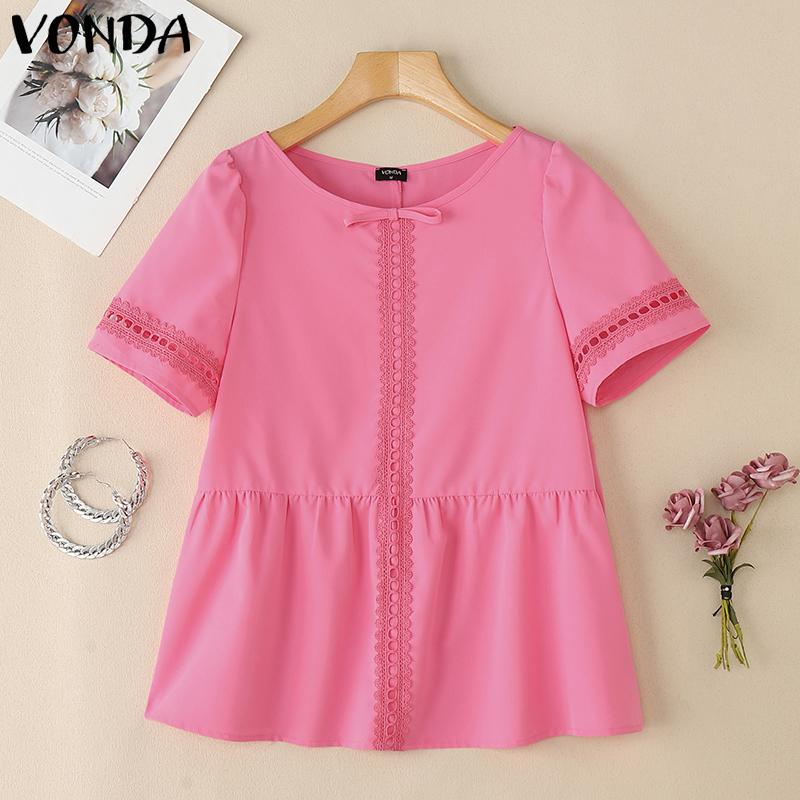 VONDA Women Short Sleeve Blouse Casual Lace Crochet Hem Hollow Tops