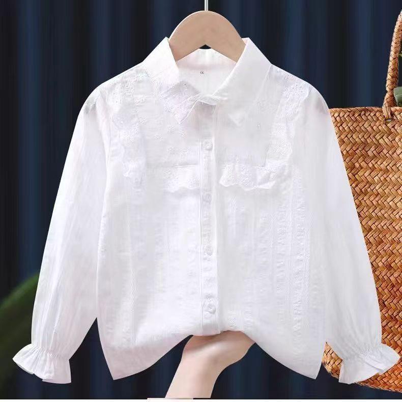 Autumn White Girls' Peter Pan Collar Long Sleeve Shirt - Fashionable Top for Big Kids and Students