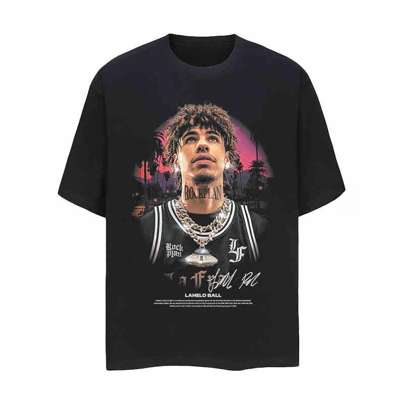 2024 Рок План Звезда Трехшаровый Мяч Американская Футболка с Коротким Рукавом Чистый Хлопок Свободная Сделать Старым Баскетбольная Одежда Кинематика Мужская S