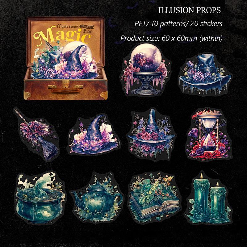 Retro Gothic Style PET Stickers Collage Clipbook Diary Scrapbook Decoration Materials Mysterious Magic Box Series Pasters 20 Pcs/ Pack