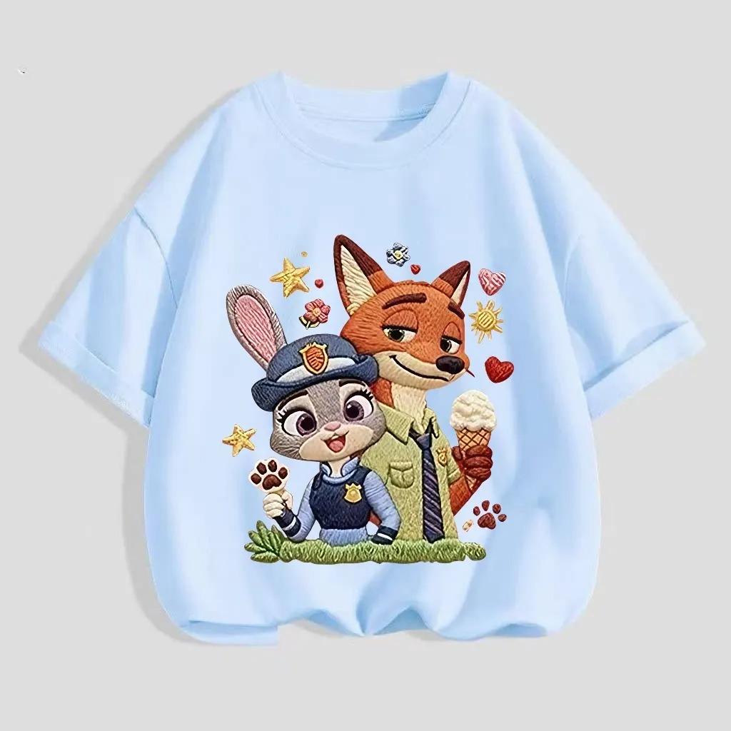 Zootopia Judy Nick Print Childrens Cotton Tshirt Versatile Casual Top for Girls Summer Shortsleeved Round Neck Girls Clothing