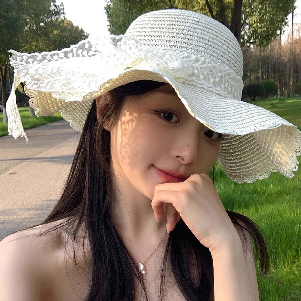 French Style Lace Bow Straw Hat Big Brim Women's Sun Hat Elegant Beach Straw Hat  Girls