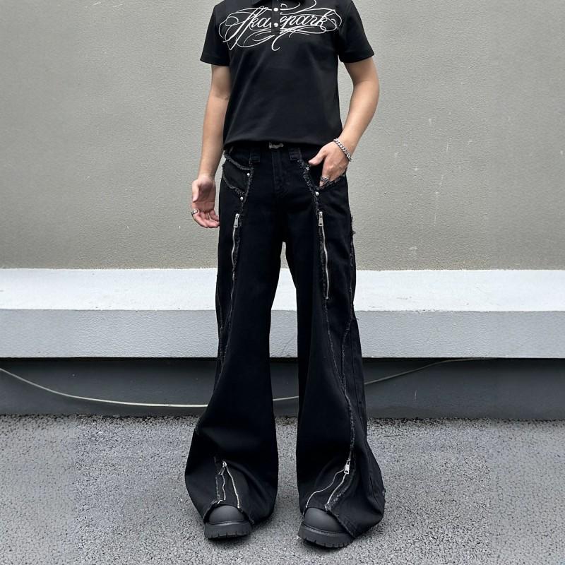 American High Street Heavy Duty Raw Edge Zip Flared Jeans Unisex Loose Straight Leg Denim Pants