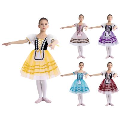 Rochie Tutu Recital pentru Fete Copii: Body din Catifea Patchwork cu Mâneci Bufante și Bordură din Dantelă, Fustă Stratificată cu Șireturi pentru Spectacol pe Scenă
