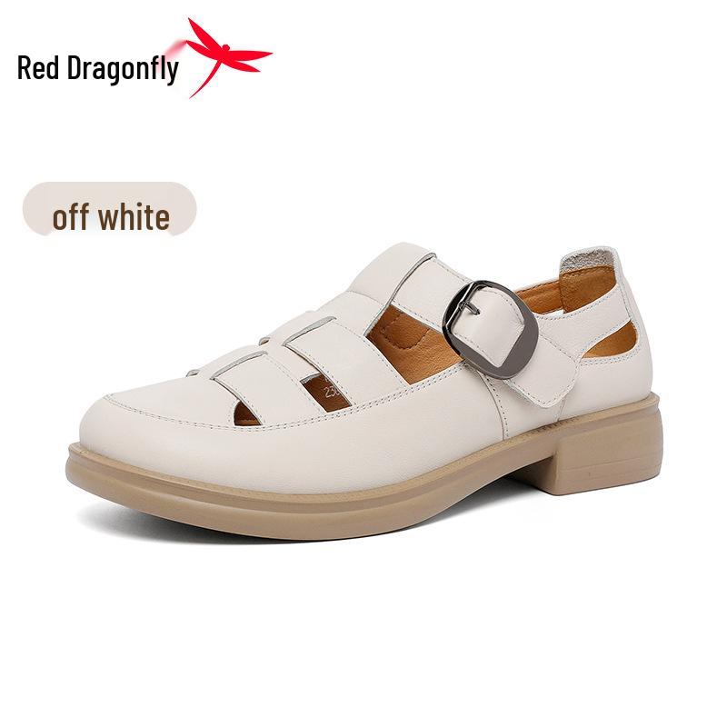 Red Dragonfly Women s Summer 2026 Genuine Leather Perforated Shoes: Thick Sole, Low Heel, Hollow Roman Sandals. 37 покинуть белый