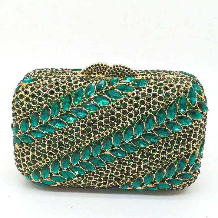

Boutique De FGG Emerald Green Leaf Women Crystal Clutch Evening Handbags Bridal Party Wedding Rhinestone Handbags and Purses Mini Size