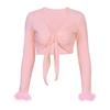 Women Bodycon Cropped Tops Solid Color Shirt  Sexy Short Cropped Top Plunging Neckline Long Sleeve Tops with Fur Cuffs