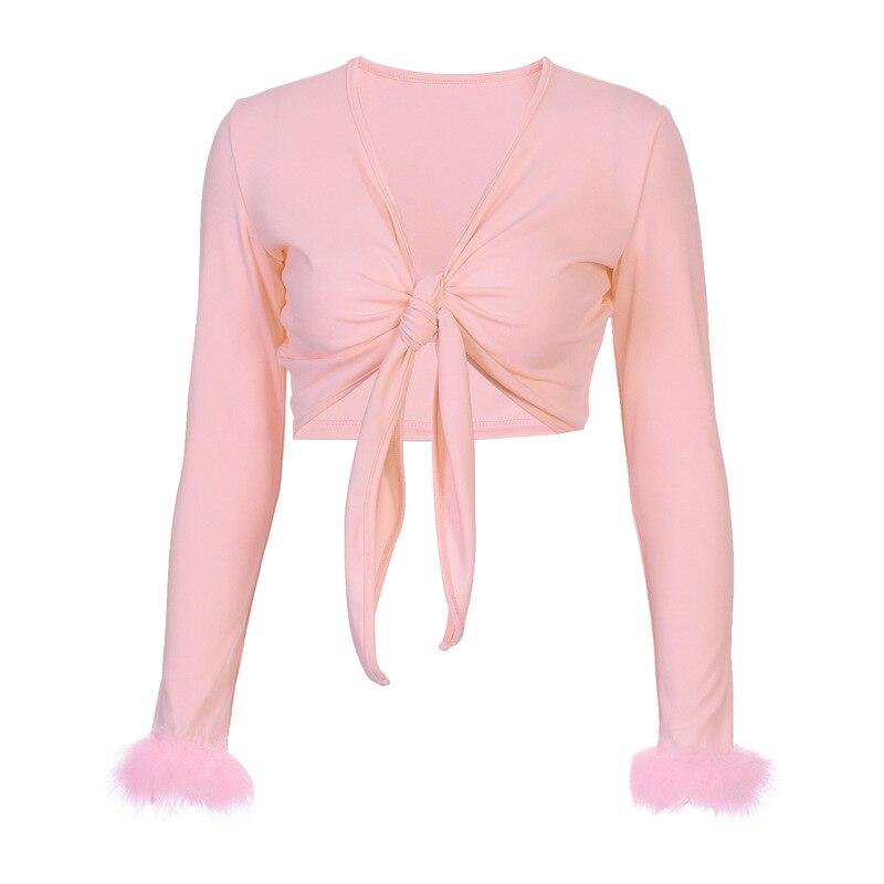 Women Bodycon Cropped Tops Solid Color Shirt  Sexy Short Cropped Top Plunging Neckline Long Sleeve Tops with Fur Cuffs