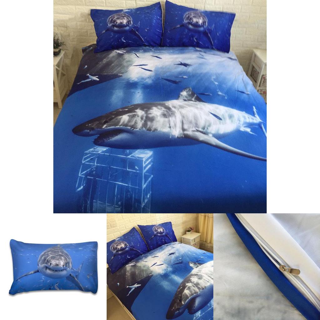 Luxurious 3d Shark Duvet Cover With Pillow Cases Marine Animal Quilt Bedding Set New