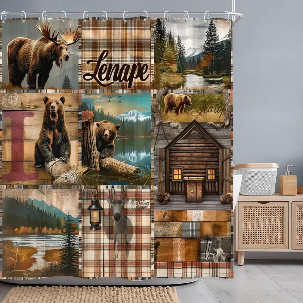 Vintage Lattice Outdoor Camping Shower Curtain Bear Deer Forest Rustic Wooden Panels Shower Curtains Bathroom Decor With Hooks