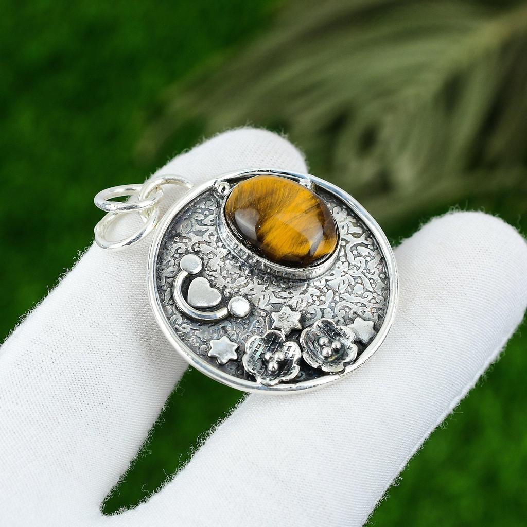 Natural Tiger Eye Gemstone Pendant 925 Sterling Silver Indian Jewelry For Women