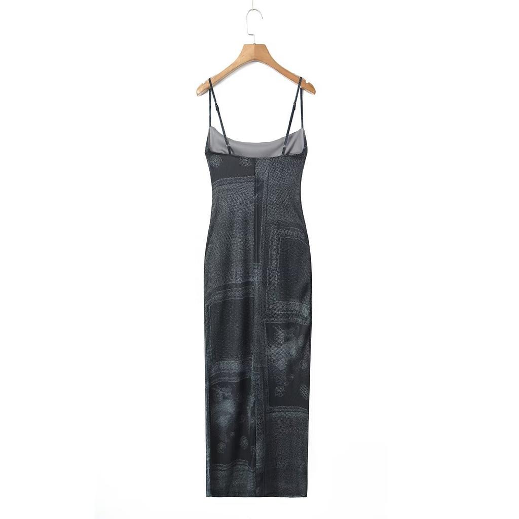 American Retro Tie-dye Printing Thin Suspender Dress Female Sexy Side Split Waist Design Slim Dress