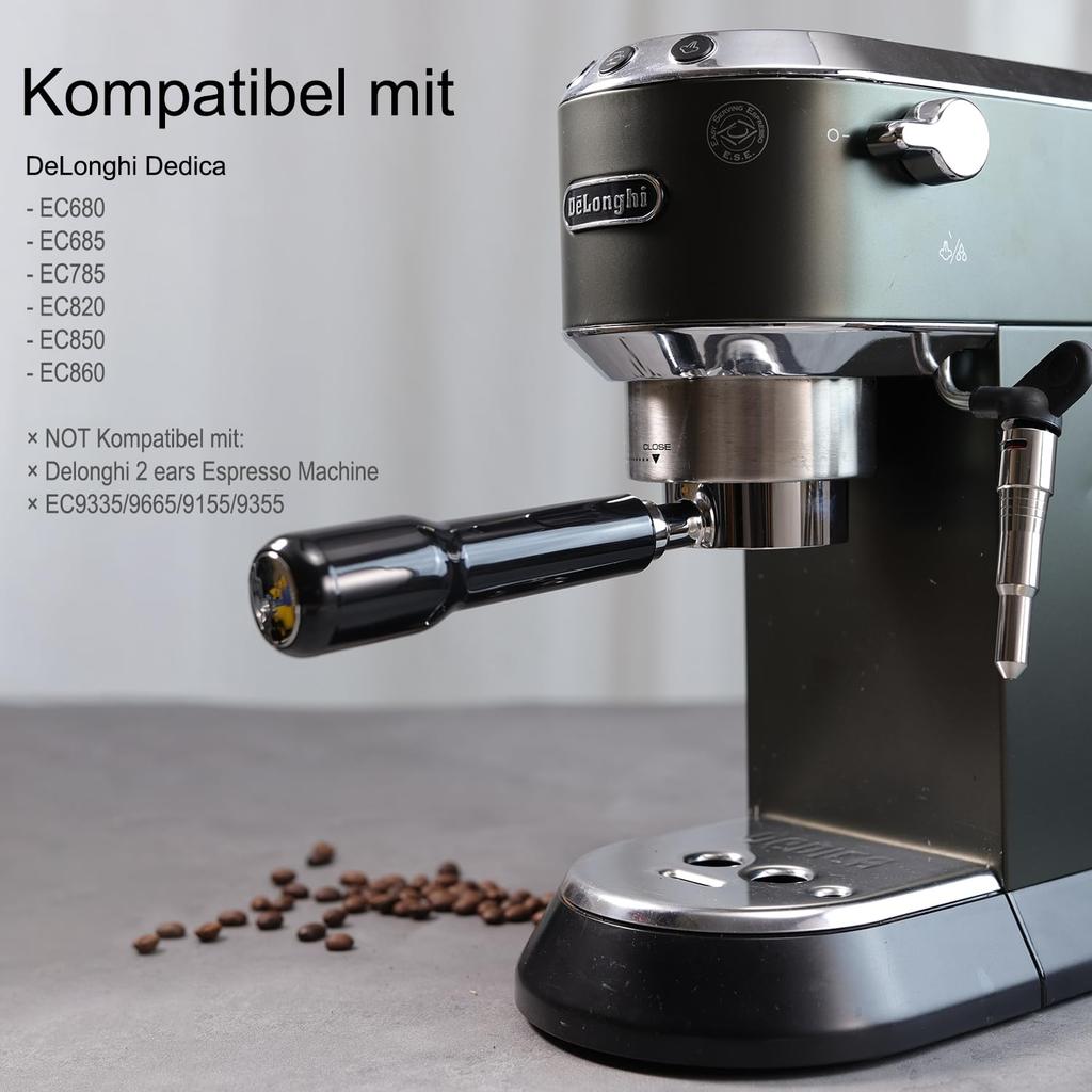 51mm Bottomless Portafilter 3 Year for DeLonghi Dedica EC680/EC685/EC785/EC820/EC850/EC860/EC885 with Double Shot Capacity Cup, Sieve Filter Basket