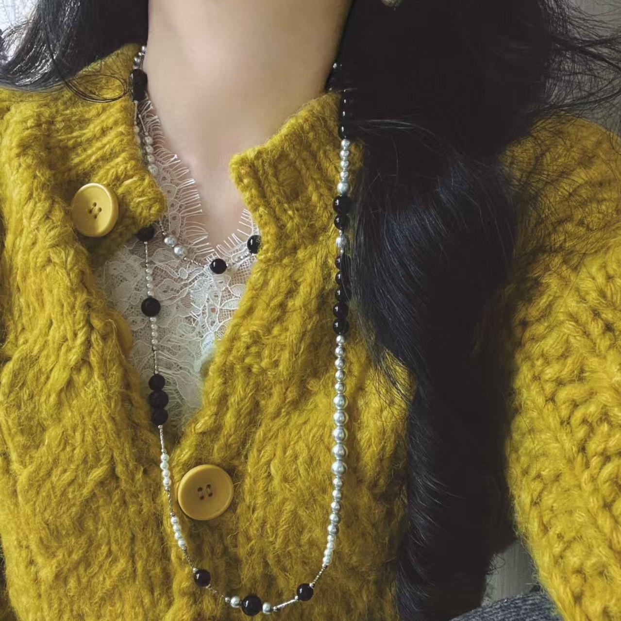 Vintage High-Quality Natural Black Agate High-Gloss Artificial Crystal Pearl Sweater Chain Necklace