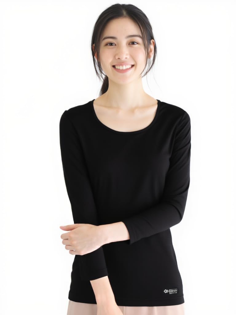 Fukuske Simple [Colantotte: Active] Solid Color 3/4 Sleeve Short Sleeve Inner Top, Promotes Blood Circulation, Women's, Black