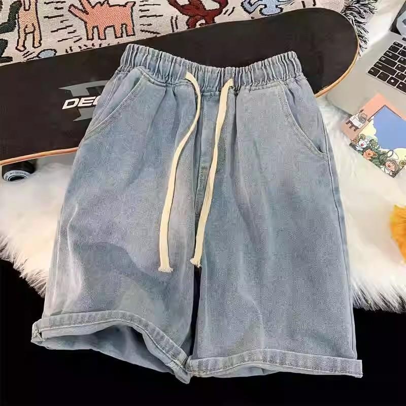 Pantalones Cortos de Verano para Hombre de Jeans Vintage Pierna Ancha Largo hasta la Rodilla Pantalones Cortos de Mezclilla de Moda Lavados Nuevos