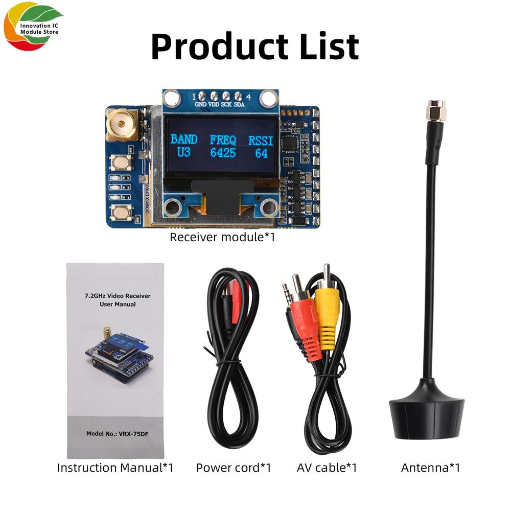 VRX-75DF 6.1–7.2 GHz Video Receiver 64-Channel FPV Analog Video Receiver for FPV Drones with 0.96-inch OLED Display