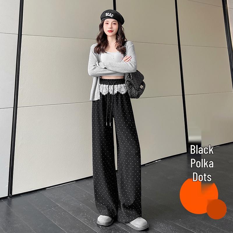 Black Polka Dot High Waist Lace Trim Wide Leg Sporty Pants for Women - Slimming, Casual, Spring/Autumn 2025
