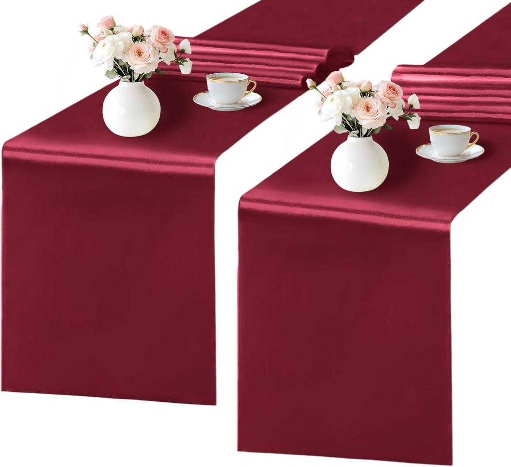 2 Pack Table Runner 12 X 108 Inch Burgundy Long Satin Silk Table Runner for Wedding Banquet Christmas Birthday Party Decoration
