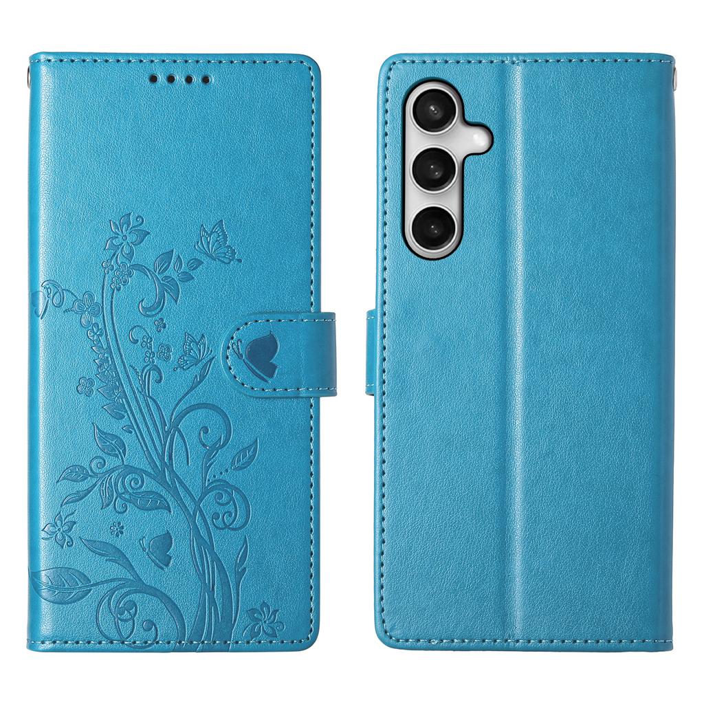 Etui portfelowe dla Samsunga Galaxy S25 FE z motywem motyla i kwiatowym nadrukiem, wykonane ze skóry PU, pokrowiec na telefon z paskiem na nadgarstek