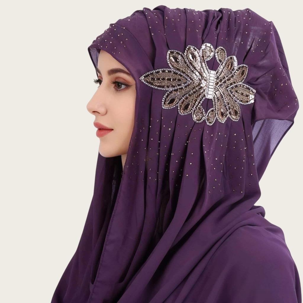 Luxury Rhinestone Chiffon Hijab Scarf Women Muslim Crystal Diamond Headscarf White Wedding Shawl Embroidered Beaded Turban Wrap