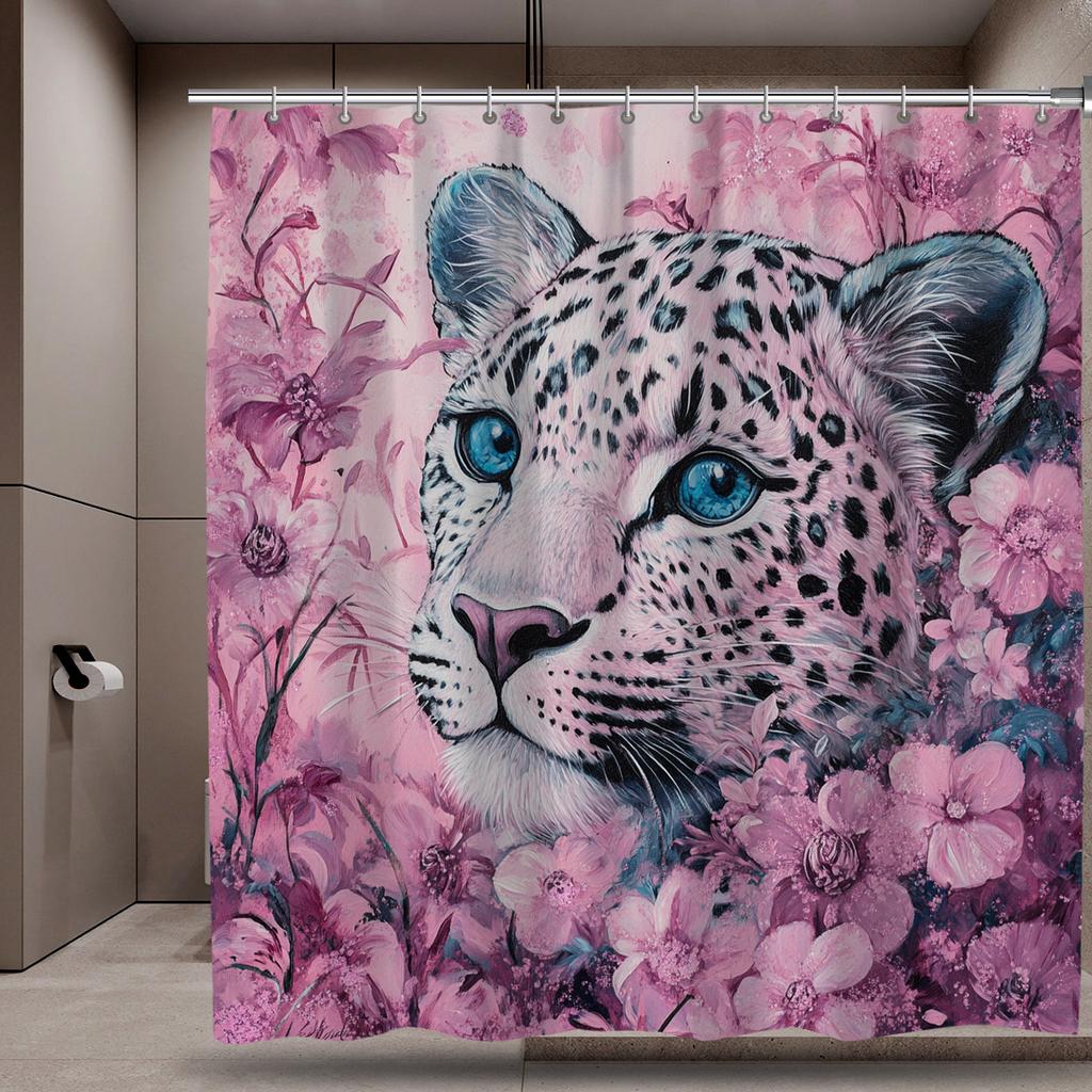 Exquisite And Romantic Pink Leopard Print Sea Print Shower Curtain With Hook, Machine Washable, Suitable For Bathroom Decoration