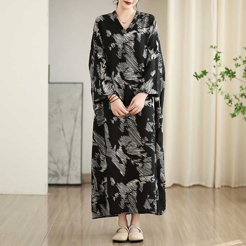 Colorful Travel V-neck Retro Long Skirt Cotton Linen Dress