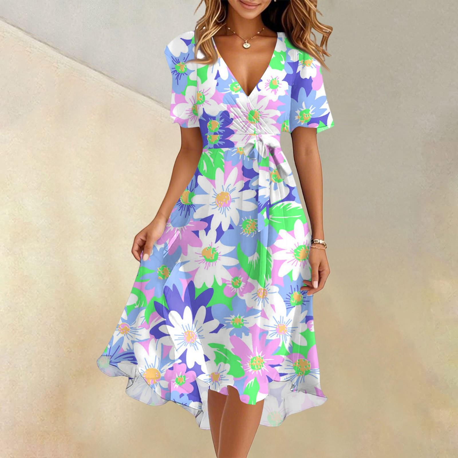 

Women s Summer Fashion V-Neck Flared Dress Short Sleeve Floral Dresses M