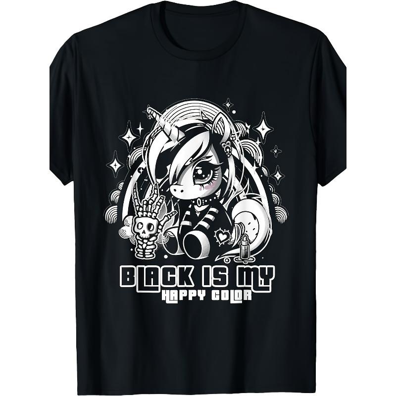 

European sizes Gothic Emo T-Shirt - Black Is My Happy Color Gothic & Skull Graphic Tee 4XL чорний