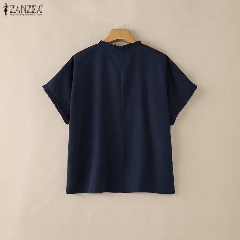 ZANZEA Women Casual Round Neck Solid Color Summer Short Sleeve Blouse