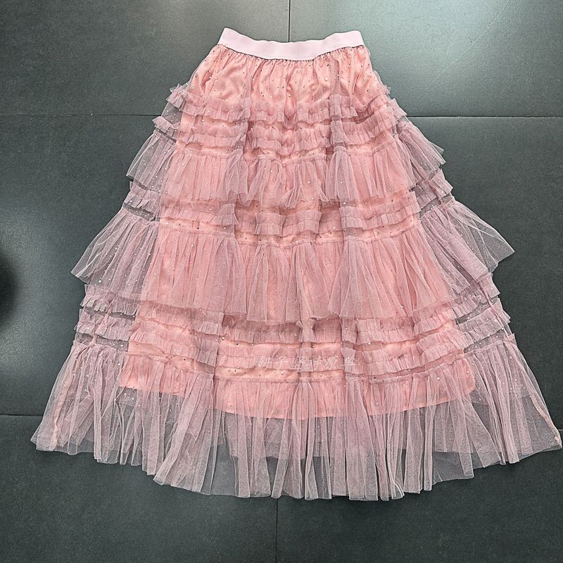 

8-Color Pettiskirt ~ Summer Dopamine Color Sequins A Word Swing Wooden Ear Fresh Elastic Waist Garden Skirt Women Pink gauze skirt TU (free size)