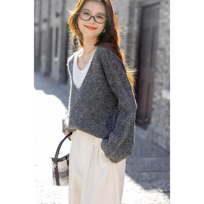 MOKANA Women's Faux Two-Piece V-Neck Patchwork Knit Sweater