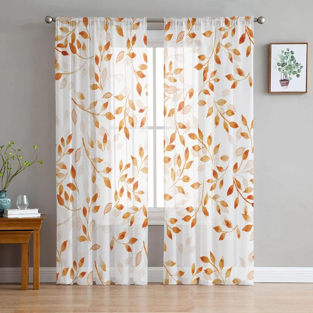 Orange Abstract Plant Leaf Texture Autumn Bedroom Transparent Sheer Curtains Holiday Decoration Window Voile Tulle Curtain