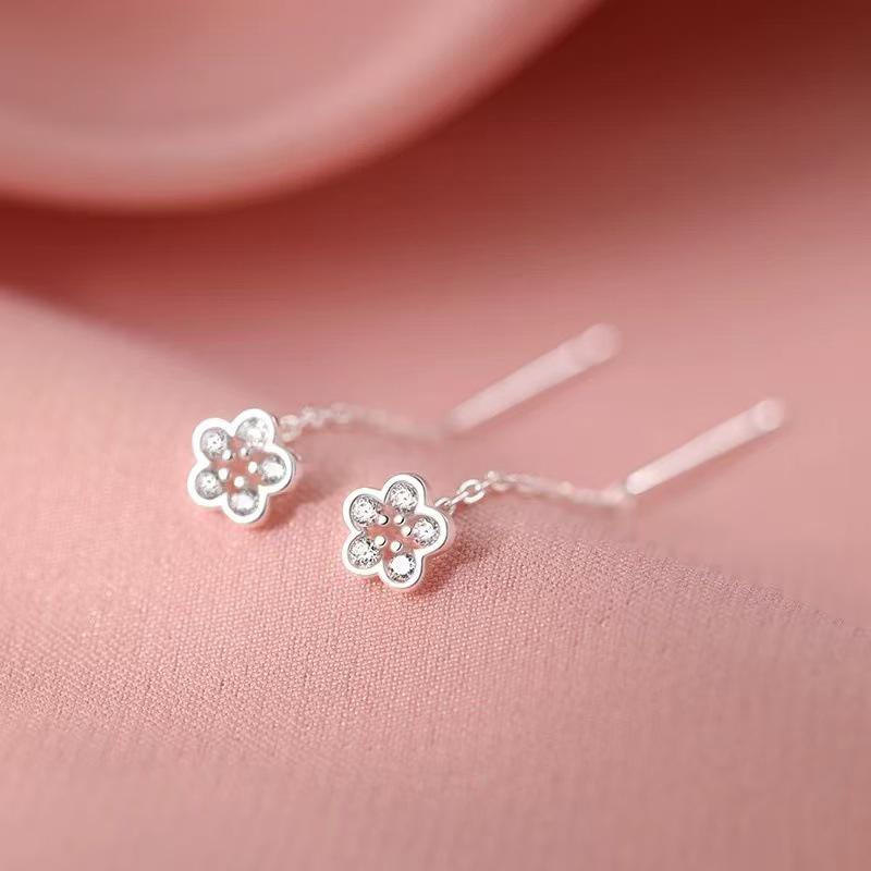 Real 925 Silver Zircon Flower Short Tassel Stud Earrings For Women Classic Fine Jewelry Advanced Feeling Accessories