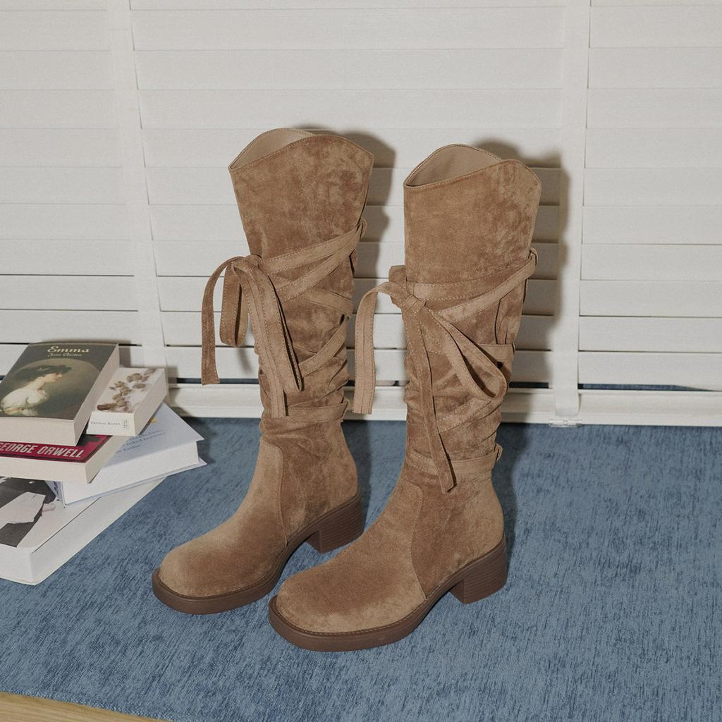 Soft leather French retro style strap medium and high knight boots for women 2025 new fashion inner height increase versatile boots for women