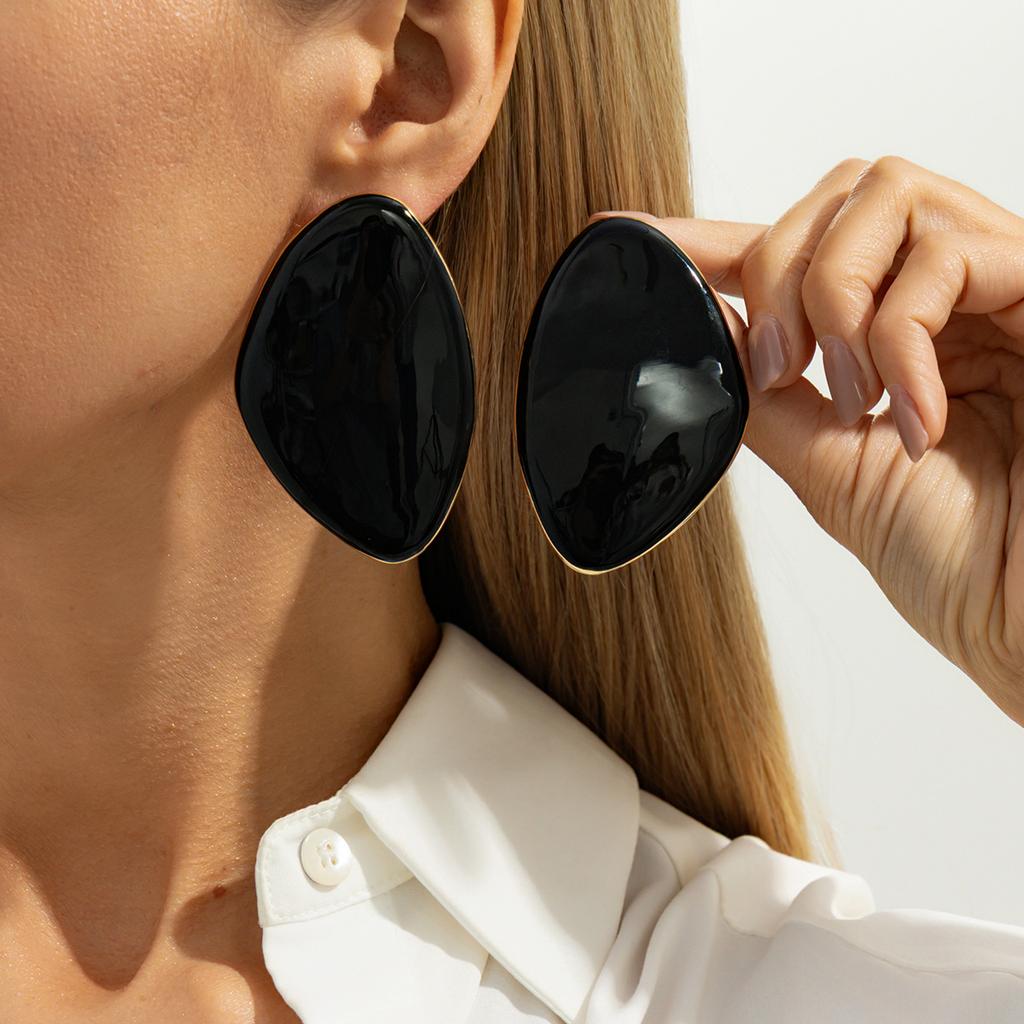 Temperament Light Luxury Resin Gem Stud Earrings, Retro Geometric Irregular Pleated Metal Oil Drop Earrings