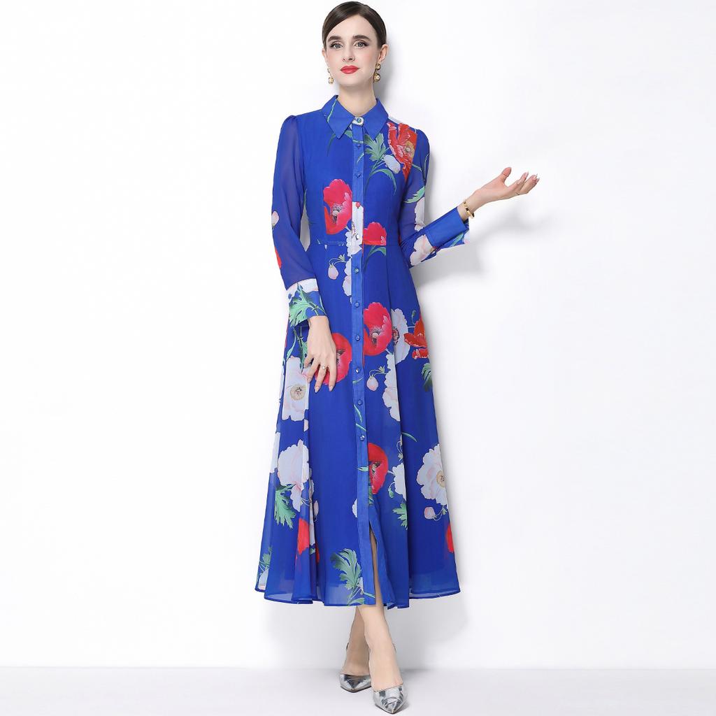 Spring Clothing for Women 2026 New Style High-End Flower Printed Belt Slim-Fitting Long French Long Sleeve Chiffon Maxi Dress
