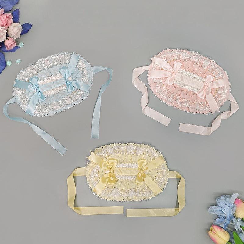Japanese-Style Lace Lolita Straw Hat Vintage Garden-Style Y2K Headwear Woven Flat Hat Bonnet Sun Hat with Straps Gift for Girl
