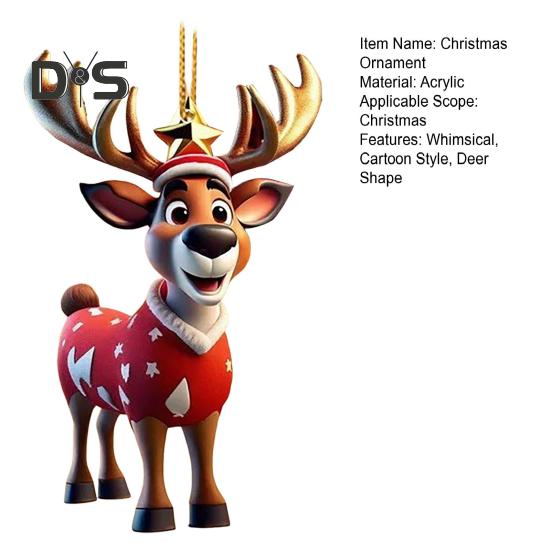 Christmas Deer Pendant Acrylic 2D Flat Reindeer Hanging Ornament Cartoon Santa Hat Reindeer Pendant for Home Xmas Tree Decor