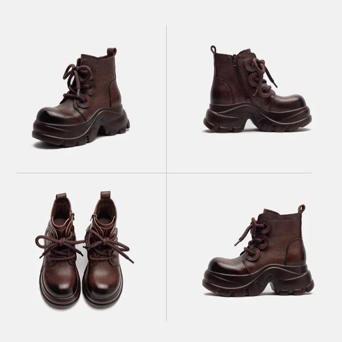 Johnature Round Toe Platform Short Boots Retro Genuine Leather Thick Soled Height Increase Women's Shoes