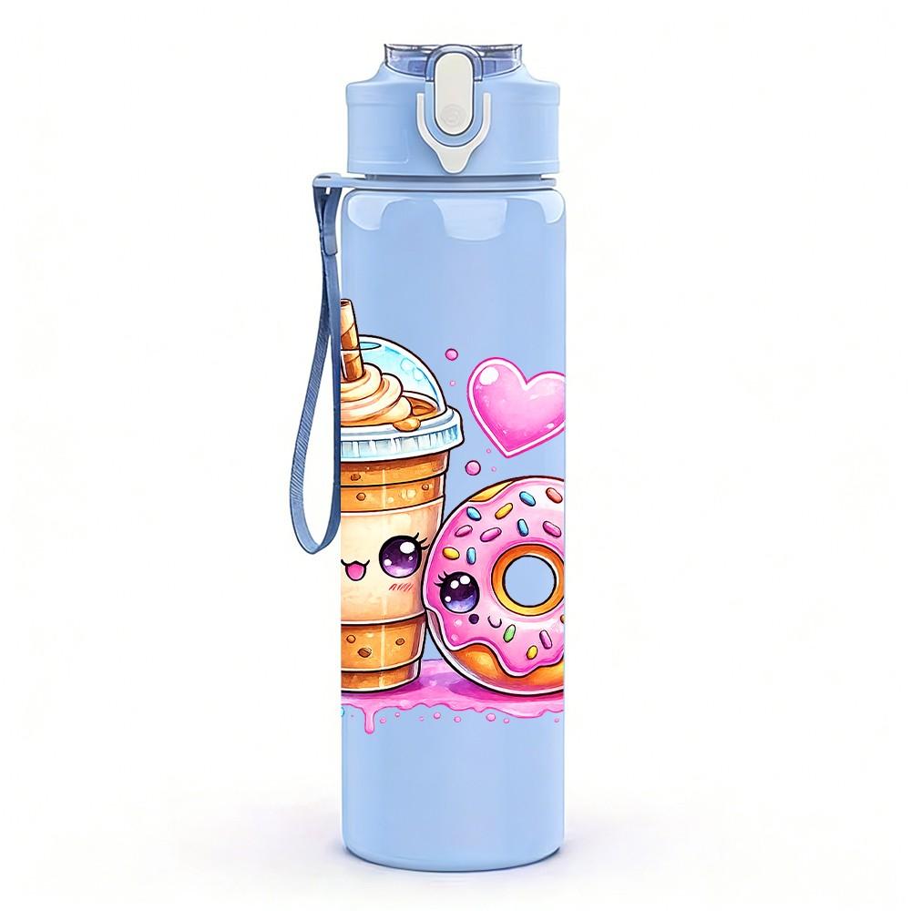 1PC Sweet Drink Donut Dessert Cartoon Print 750ml Color Plastic Sports Water Bottle Leakproof Flip Straw Lid Suitable for Sports Office Home Use