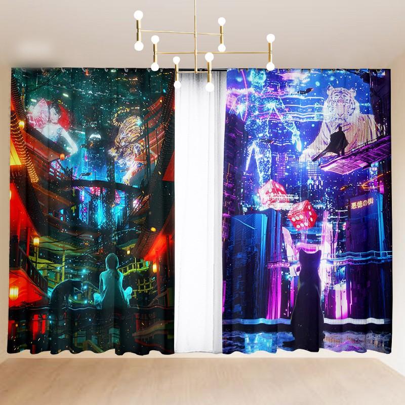 Cartoon Curtain Bedroom Semi-Blackout Bay Window Sci-fi Cyberpunk Hook Grommet Top 2024 New Custom Curtain Fabric cortinas 2PCS